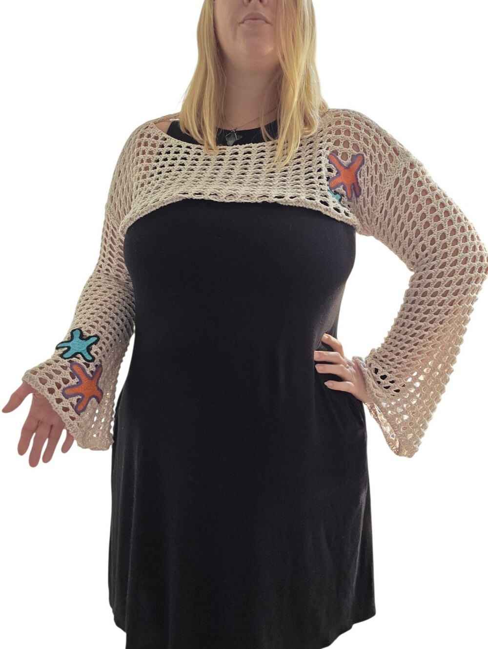 Crocheted Open Knit Bell Sleeve Shrug- L - Picture 2 of 8
